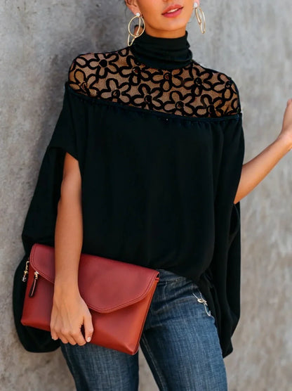 Female Elegant Embroidered See-Through High Neck Tops New Spring Summer Solid Color Loose Casual Fashion T-Shirts