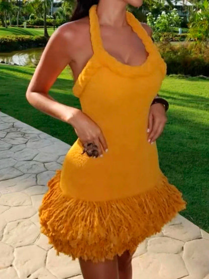 Orange Tassel Sexy Backless Fleece Winter Dresses Women Autumn Fashion Handmade Woven Twists Halter Mini Party Prom Dress