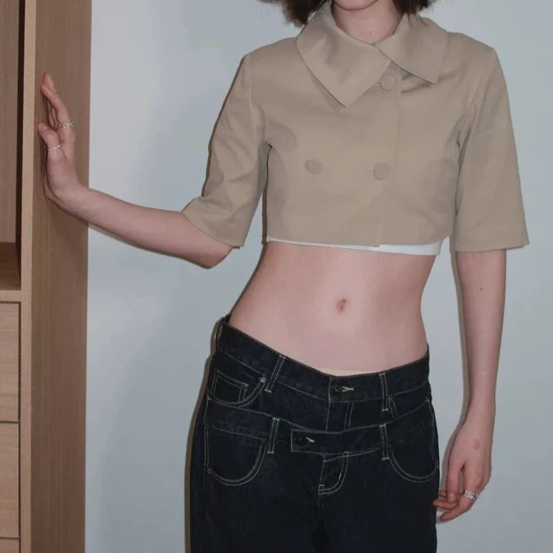 Small Niche Design with Exposed Belly Button, Short Style, Spicy Girl,Double Breasted, Five Point Mid Sleeved Windbreaker Jacket