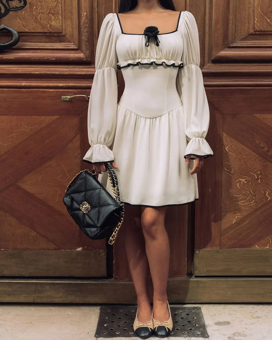 White Elegant A-line Mini Dress Women 2025 New Spring Square Collar Long Sleeve Vestidos High Waist Casual Fashion Short Dresses