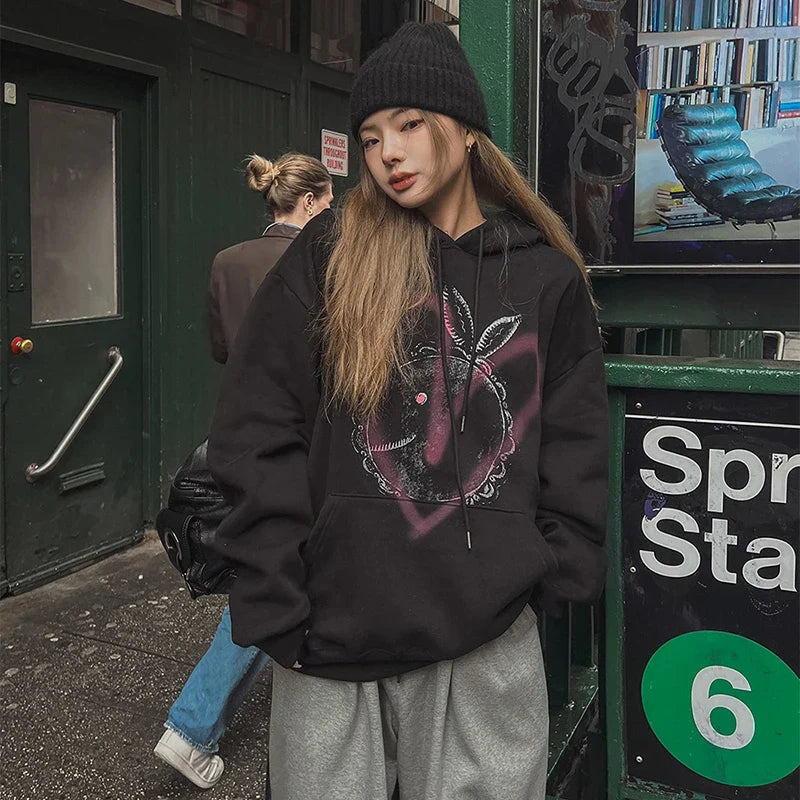 American Street Fun Unisex Graffiti Print Hooded Hoodie Women's Loose Oversize Coat