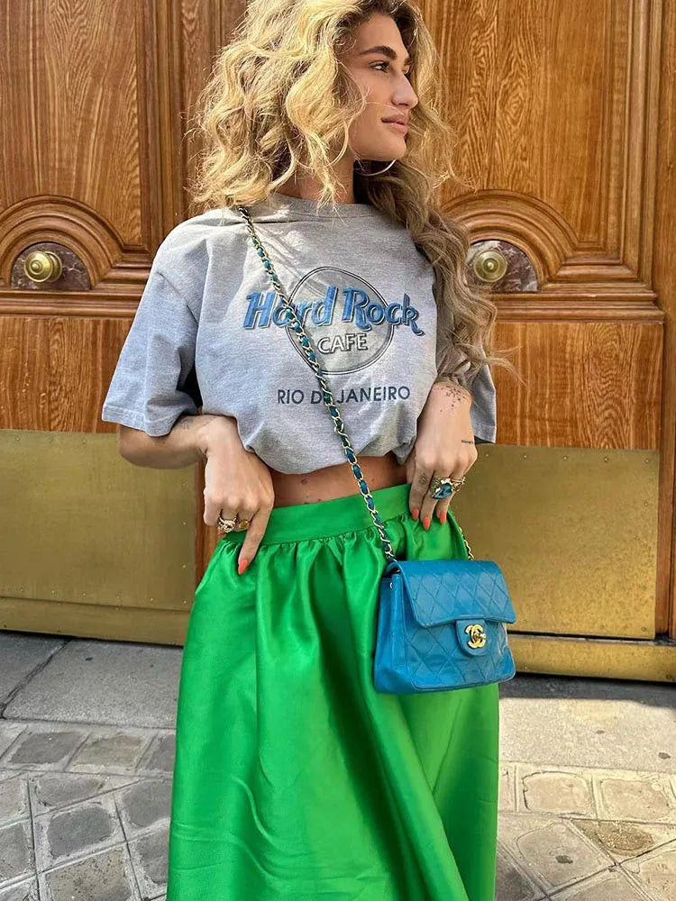Silk Patchwork High Waist Long Skirt Women's Summer Solid Color Skirt Fashion Simple Loose New Women's Long Skirt 2024