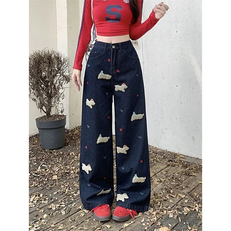 Women's Dog Embroidery Pattern Wide Leg Jeans Vintage Streetwear Cool Girl High Waist Baggy Pants Female Casual Denim Trousers