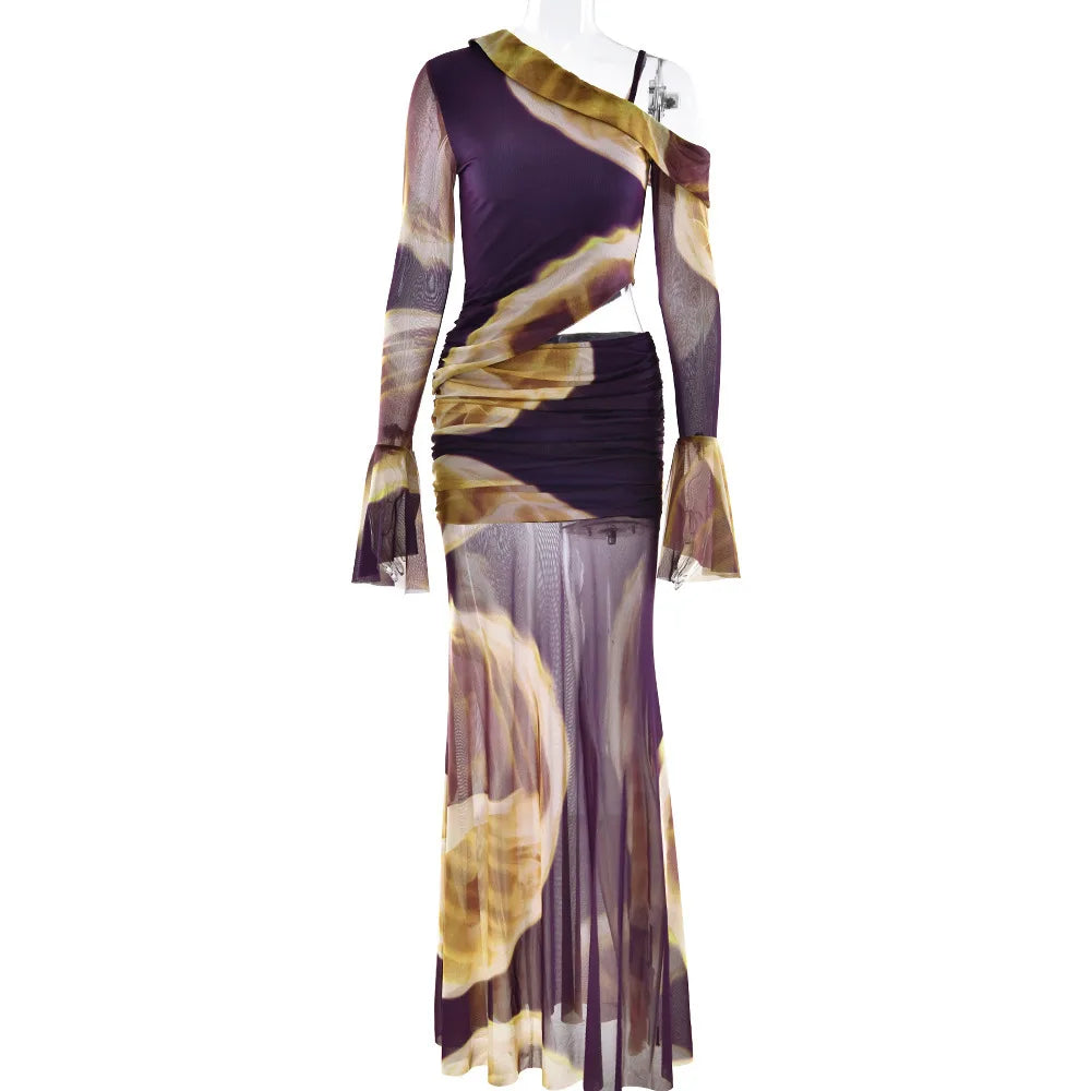 Contrasted Printed Maxi Dress 2 Piece Set Women's Sexy Off-Shoulder Top Long Sleeve Bodycon Long Dress Casual Outfit