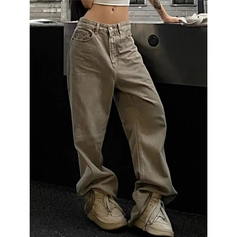 Women's Casual Retro Wide Leg Baggy Denim Trouser Harajuku Solid High Waist Loose Jeans Autumn American Vintage Pants