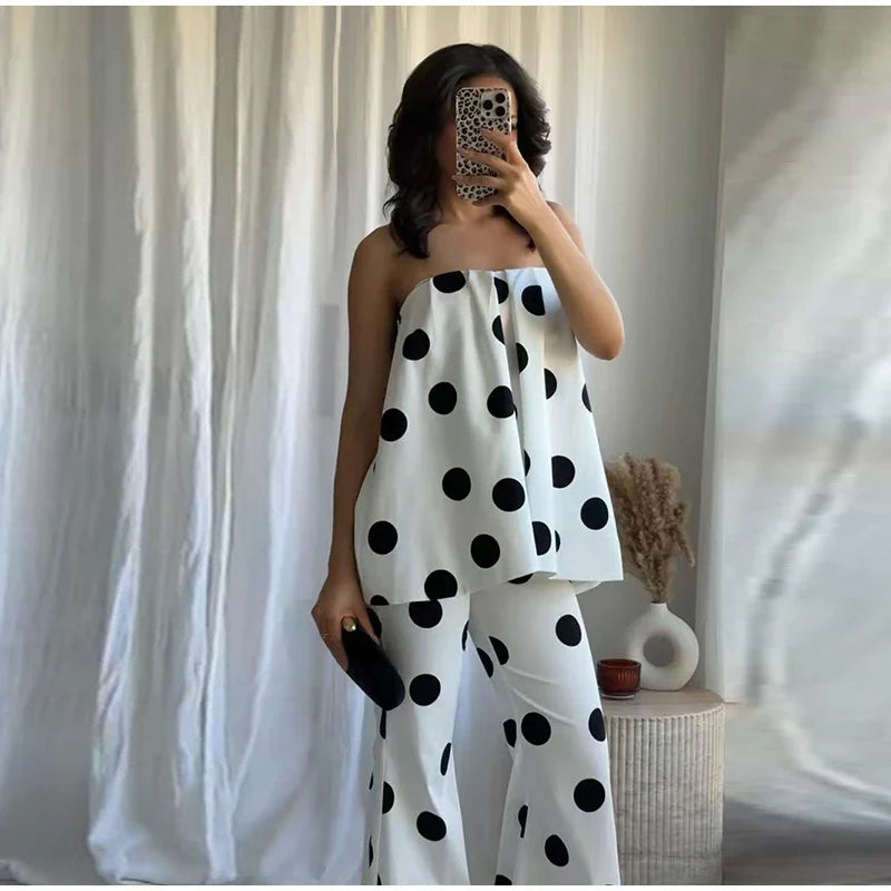 Sexy Polka Dot Women's Top Pants Sets Off Shoulder Backless Tube Top High Waist Straight Pant Female Suit Summer Lady Outfits