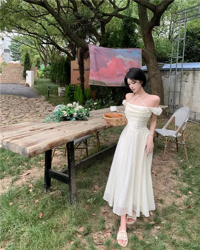 Summer Women Halter Midi Dress Elegant Female Chiffon Square Neck Party One Pieces Dresses French Solid New Vestidos Robe