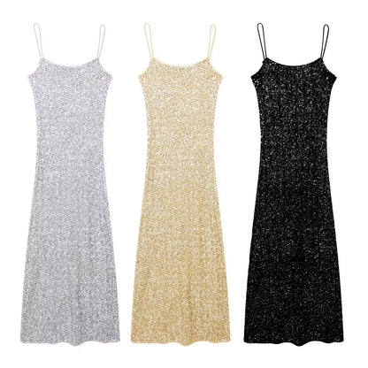 Women's Sexy Shiny Sequined Maxi Dress New Summer High-end Backless Dress Dinner Holiday Beach Party Dress
