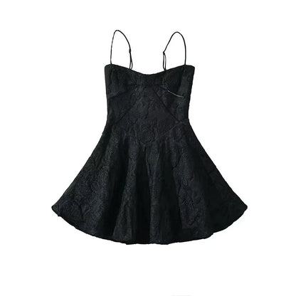 Vintage Jacquard Sling Sexy Dress For Women Thin Straps O Neck Low Waist A-line Mini Dresses Female Lace Up Back Summer Robe