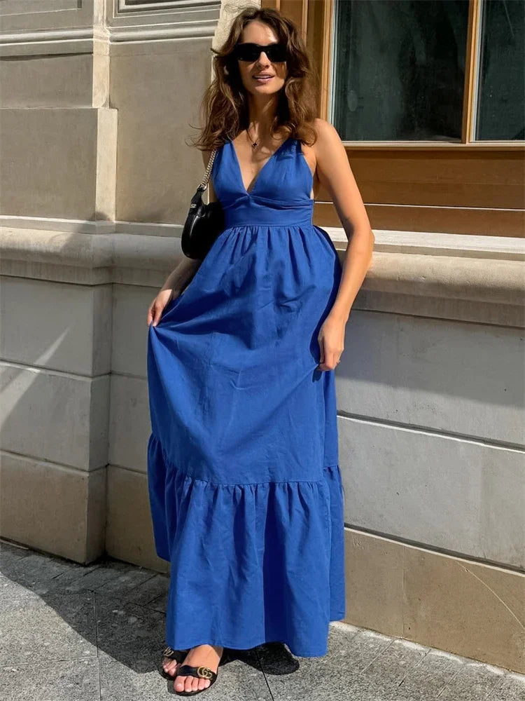 V-Neck Backless Patchwork Long Dress Women Casual High Waist Bandage Sleeveless Solid Spring 2025 New Ladies Maxi Dress