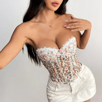 Summer New ProductINSPure Desire Hot Style Flower Embroidered Steel Ring Fishbone Gather Slim See-through Rope Tube Top70176