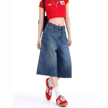 Women's Summer Wide-leg Blue Denim Capris Street New Baggy Straight Calf-length Jeans Female High Waisted Short Trousers