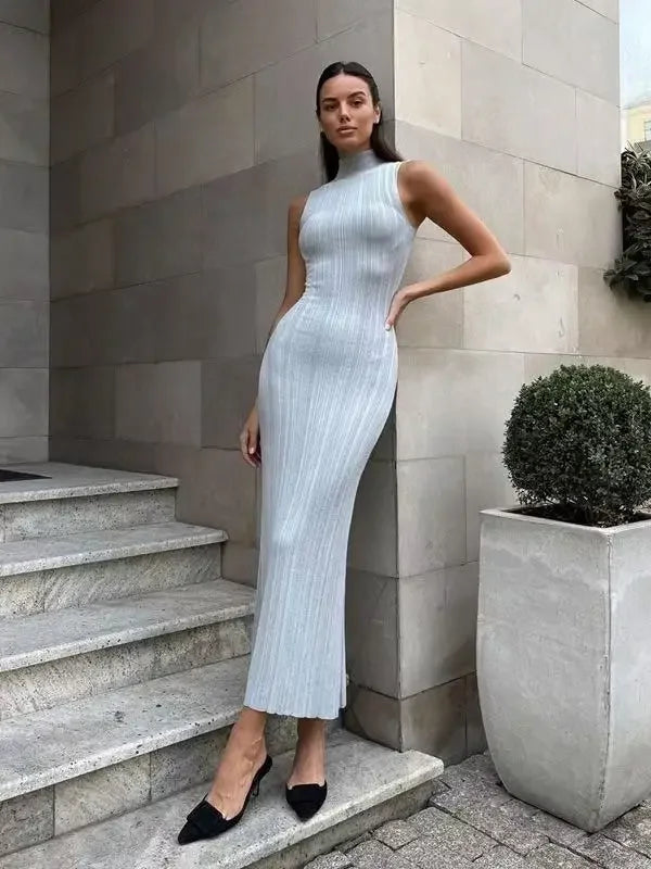 Spring Sleeveless Knitwear Turtleneck Long Dress Female Slim Elegant Fashion Autumn Ribbed Knit Dress For Women Maxi Dress