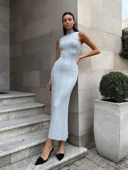 Spring Sleeveless Knitwear Turtleneck Long Dress Female Slim Elegant Fashion Autumn Ribbed Knit Dress For Women Maxi Dress