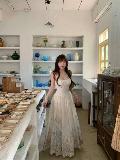 Floral Print Halter Dress Women's High Waist Gradient Sleeveless Long Dress Spring Commute Style Embroidered A-Line Skirt