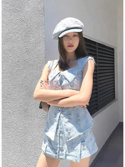 American Spice Girls Denim 2-Piece Set Women's Summer New High Quality Rapped Square Neck Slim Top Vest+A-Line Shorts Suit
