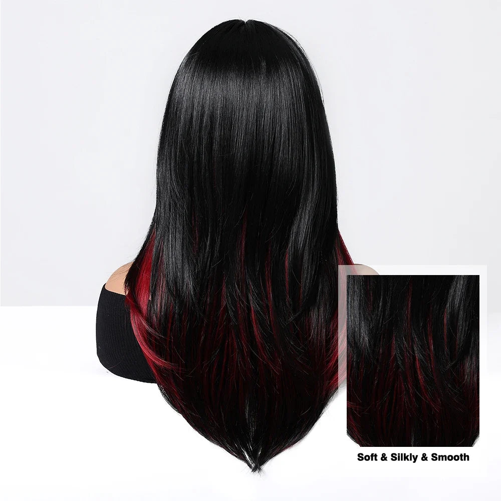 Black Highlight Rose Red Wig With Curtain Bangs 18inch Natural Layered Straight Synthetic Wig For Women Christmas Party Cosplay