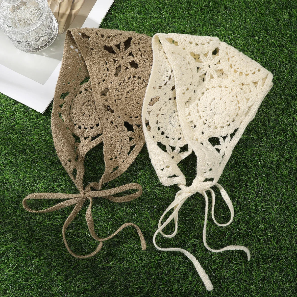 Spring Summer Knitted Triangle Headband Handmade Crochet French Pastoral Flower Headband Towel Little Flower Headscarf