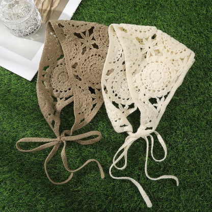 Spring Summer Knitted Triangle Headband Handmade Crochet French Pastoral Flower Headband Towel Little Flower Headscarf