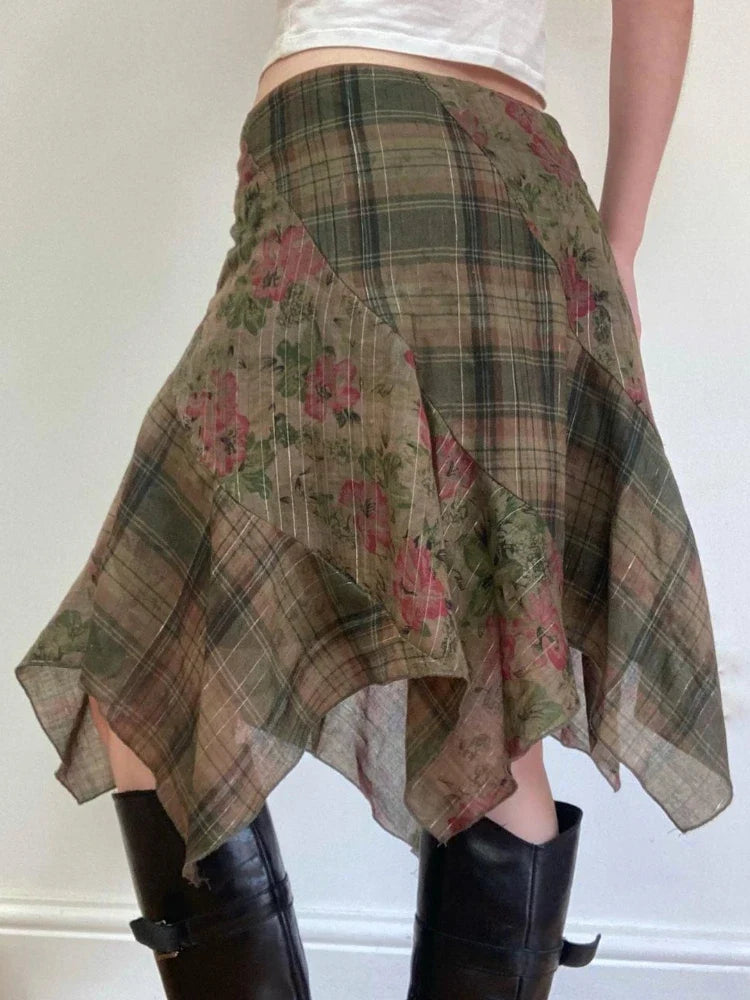 Y2k Sexy Low Waist American Retro Print Plaid Patchwork Irregular Streetwear Fashion Skirts