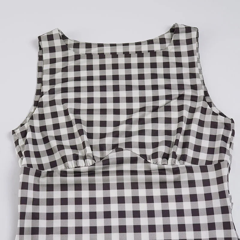 Elegant Women A Line Short Dress Fashion O Neck Plaid Print Sleeveless Tie Waist French Retro Casual Summer Mini Dress