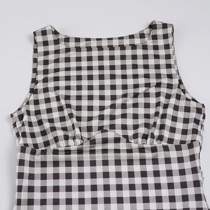 Elegant Women A Line Short Dress Fashion O Neck Plaid Print Sleeveless Tie Waist French Retro Casual Summer Mini Dress