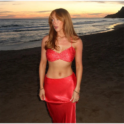 Sexy Sequined Bikini Top Skirt Sets Women Halter Lace Up Backless Crop Top Hip Package Long Skirts 2025 Summer Lady Beach Suits