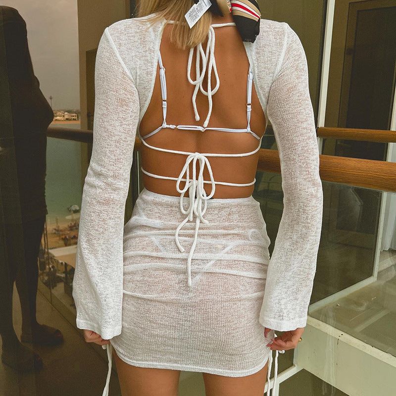 Sheer Knit Bell Sleeve Waist Cutout Ruched Mini Dress