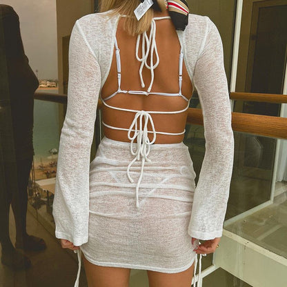 Sheer Knit Bell Sleeve Waist Cutout Ruched Mini Dress