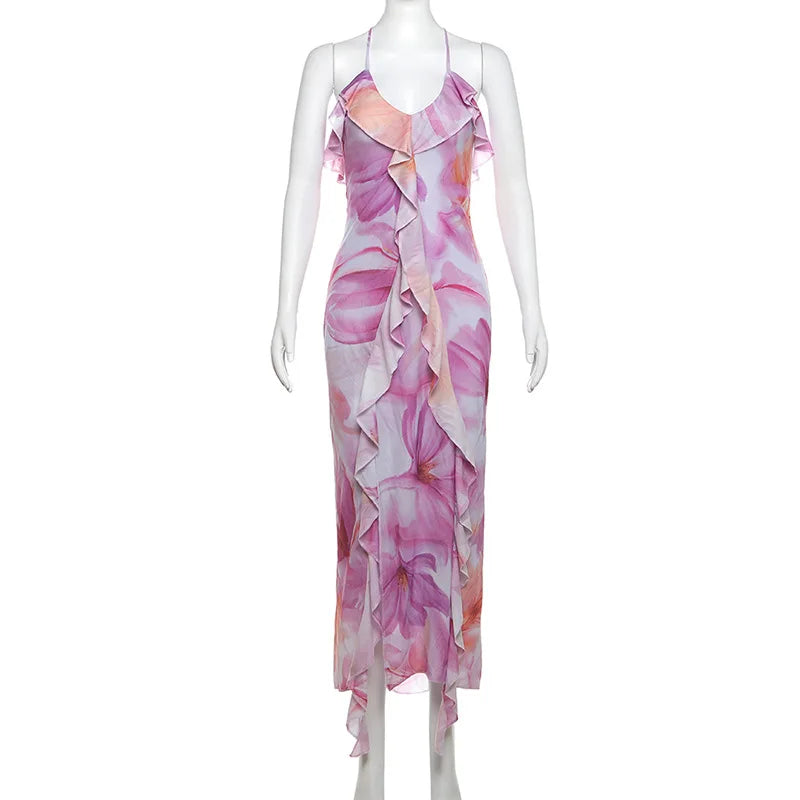 Floral Print Ruffle Backless Split Long Dress Summer Resort Wear Sexy Elegant Dresses For Women Wedding Party Outfits