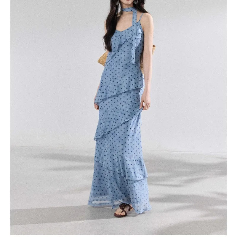 French Commuter V-Neck Streamer Polka Dot Lotus Edge Suspender Dress Female Slim Mesh Printed Dress