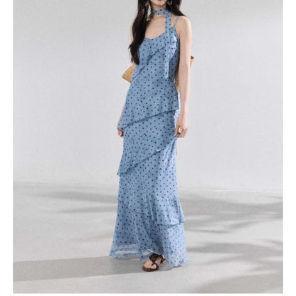 French Commuter V-Neck Streamer Polka Dot Lotus Edge Suspender Dress Female Slim Mesh Printed Dress