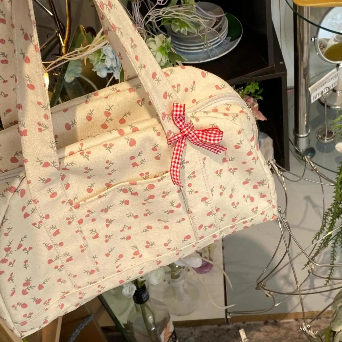 Korean Style Large Capacity Floral Canvas Tote Bags Fashion Commuting Shoulder Bags Niche Handbag