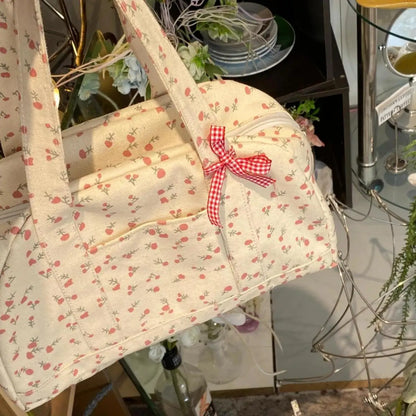 Korean Style Large Capacity Floral Canvas Tote Bags Fashion Commuting Shoulder Bags Niche Handbag