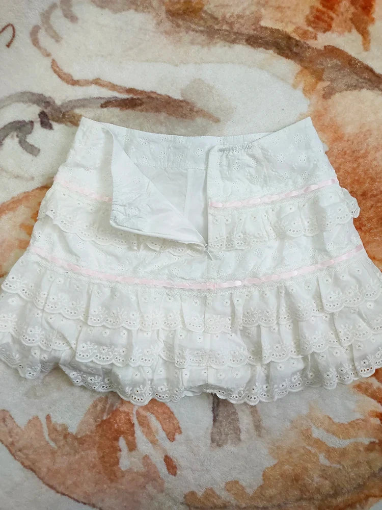 Cotton Shorts Skirt Women Lace Embroidery Elastic Waist Cute Mini Cake Skirt for Sweet Girls Lolita Style Kawaii Clothes