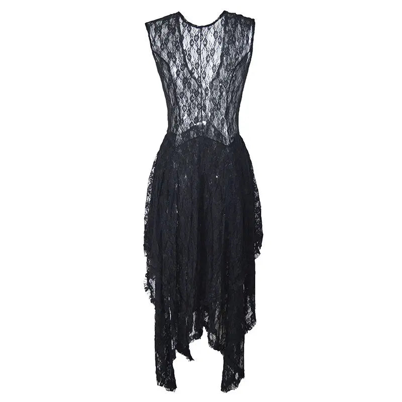 Y2k Grunge See-Through Lace Floral Sheer Tank Dress Women's Sleeveless V Neck Cover-up Long Dress Streetwear Party Dress