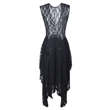 Y2k Grunge See-Through Lace Floral Sheer Tank Dress Women's Sleeveless V Neck Cover-up Long Dress Streetwear Party Dress