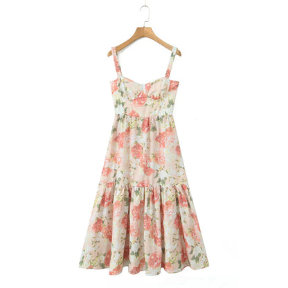 Sweetheart Bustier Wide Strap Floral Drop Waist Ruffle Midi Dress