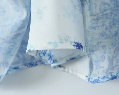 Summer Women Blue Floral Print A-line Mini Dresses Sexy Backless V Neck Lace Spliced Boho Dresses Female Holiday Robe New 2025