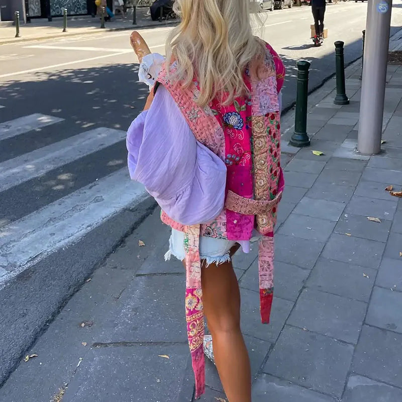 Women Pattern Printed Lace-up Cardigan Winter All Match High Street Jacket Autumn Sleeveless Ethnic Style Waistcoat Coat 2024