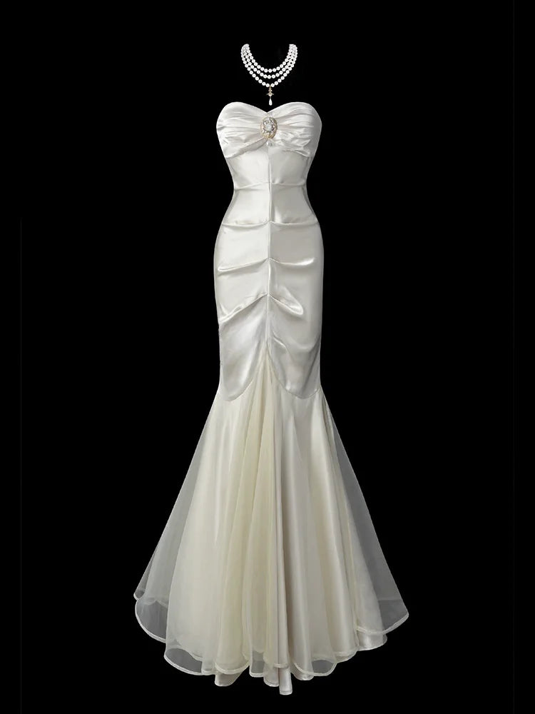Satin White Evening Dress Wrap Hips Backless Strapless Sleeveless Fishtail Pleats Sweetheart Neck Birthday Party Prom Gown