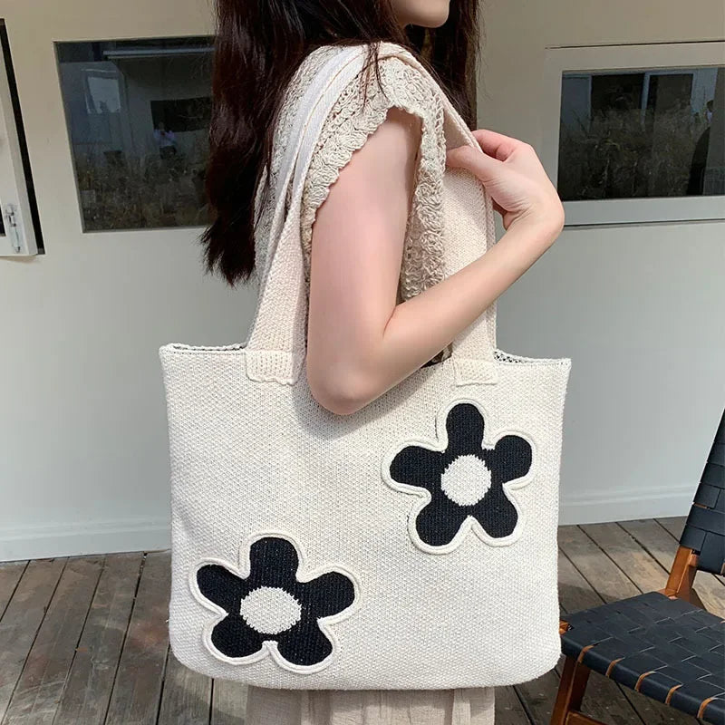 Fashion Sweet Kawaii Flower Shoulder Underarm Bag High-capacity Y2k All Match Handbags Women Knitted Casual Shopping Tote Bags