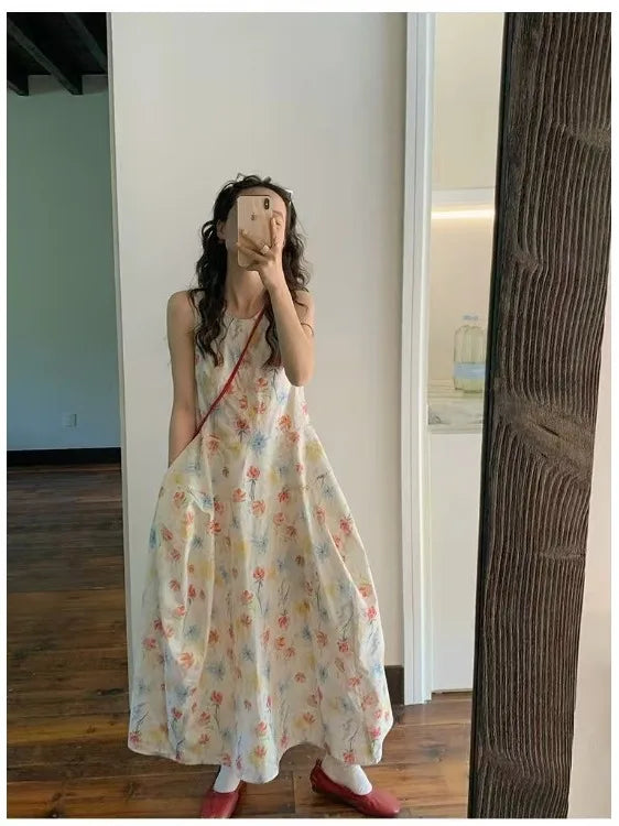 Gradient Floral Print Sleeveless Vest Dress Women's Summer Casual Cotton Long Dress Commute Style A-Line Silhouette