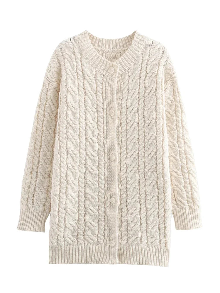 Beige Twist Knitted Cardigan Sweater Buttons Autumn Winter Women Loose Casual Long Cardigans Fashion New Female Sueter Mujer