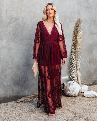Floral Lace Bell Sleeve Deep V-Neck Double Slit Maxi Dress