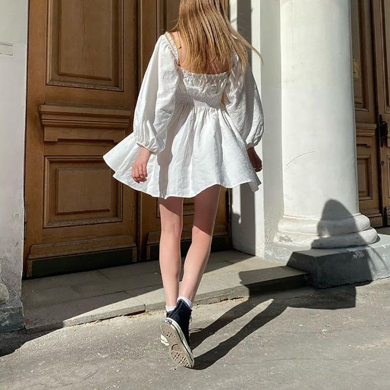 Square Neck Smocked Waist Puff Sleeve Ruffle Trim Mini Dress