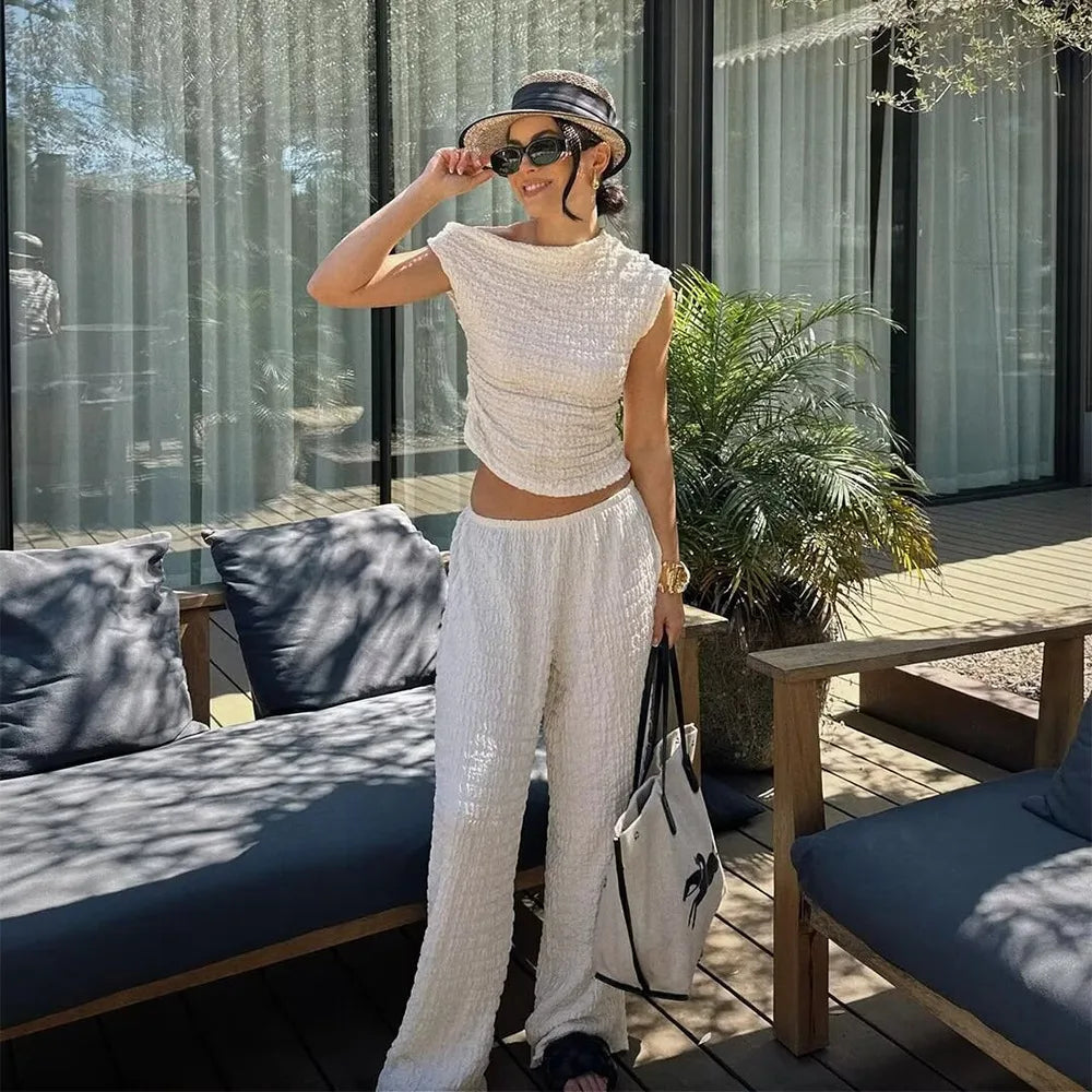 Summer Autumn Elegant Casual 2 Piece Set Women One Shoulder Sleeveless Irregular Tops Loose Pants Vacation Beach Streetwear