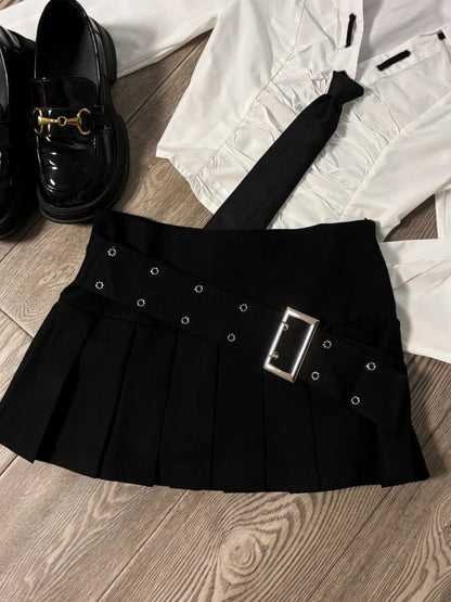 Simple V-neck Slim Fit Long Sleeve White Shirts Women+ Y2k High Waist Ruched Black Skirts Summer New Two Piece Sets