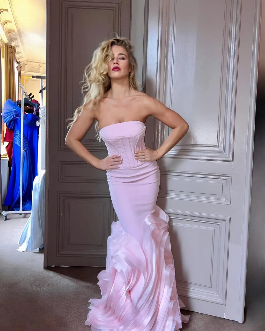Dainty Baby Pink Mermaid Dress Rose Floral Woman Clothes Custom Made Open Back Floor Length Evening Dresses For Formal Cheap H