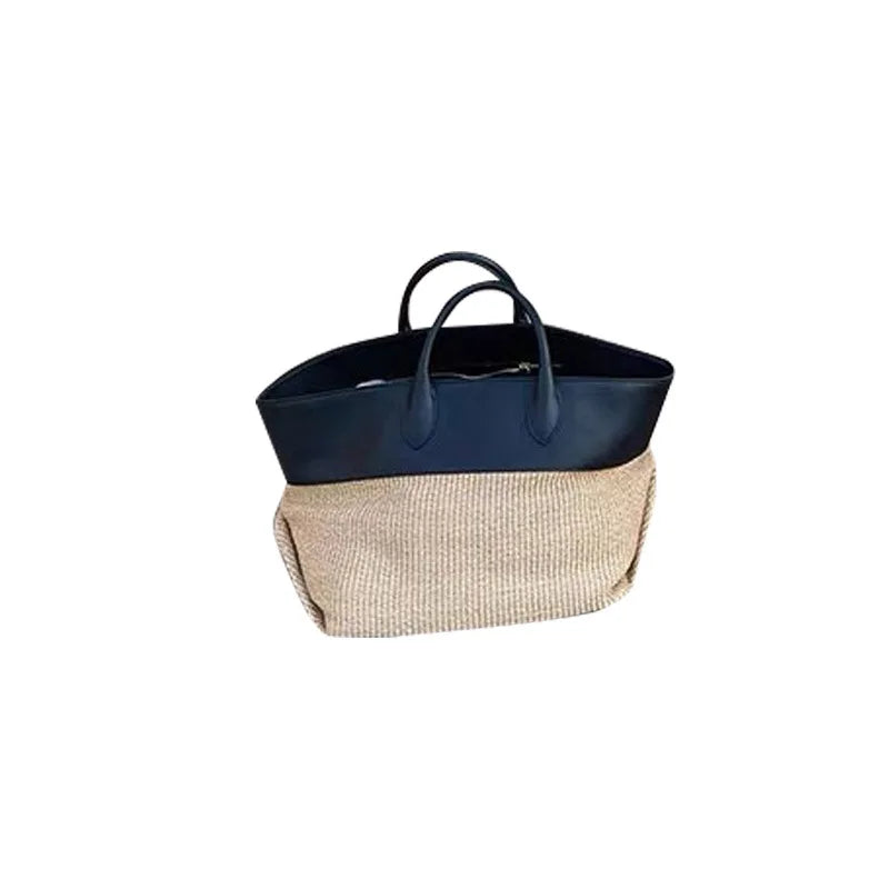 Summer Straw Shoulder Women Large Capacity Rattan Handle Splicing Color Beach Bag Genuine Leather Tote Bags For Women